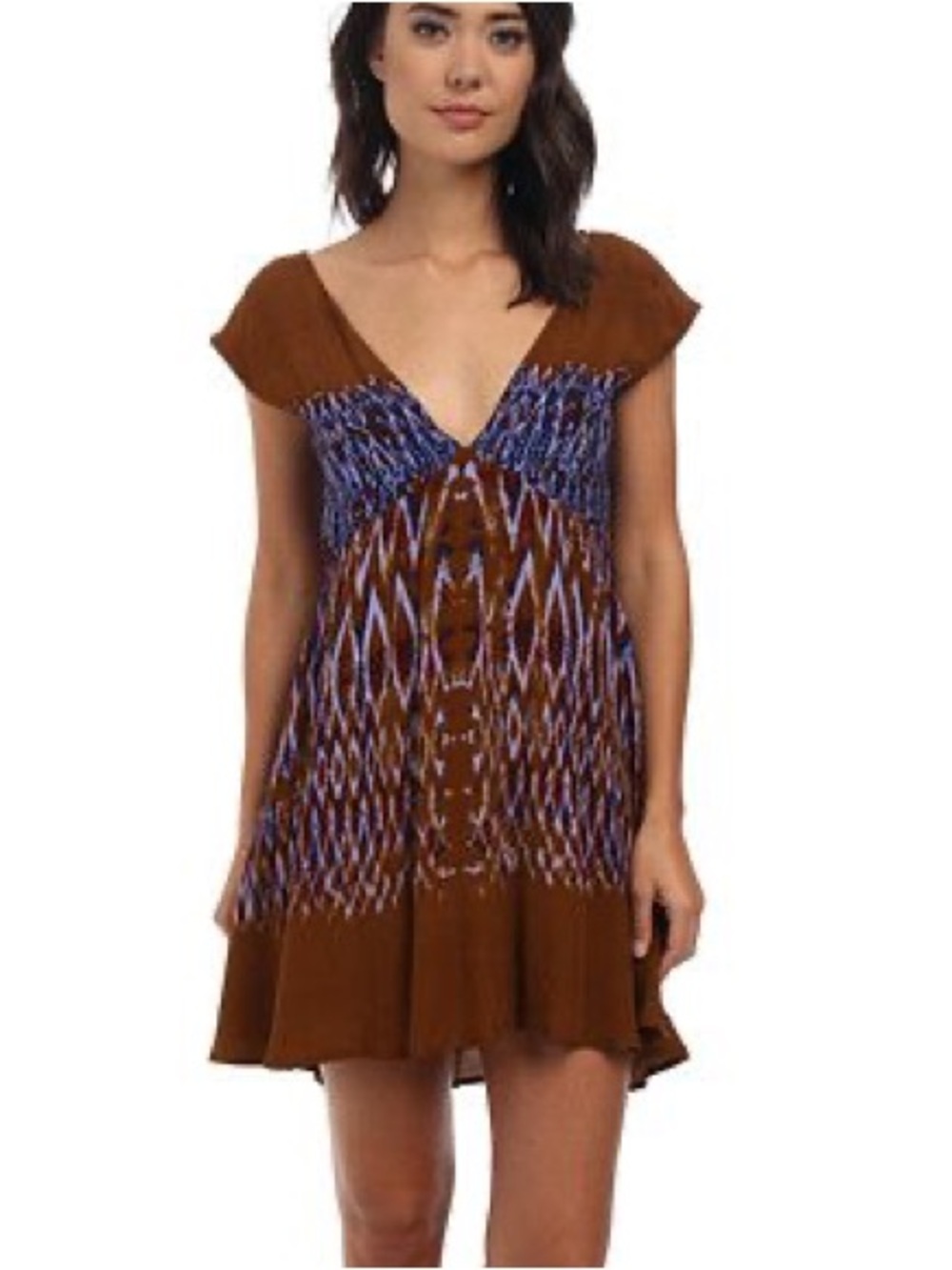 Free people Theodora plunge neck printed brown/blue mini boho dress
